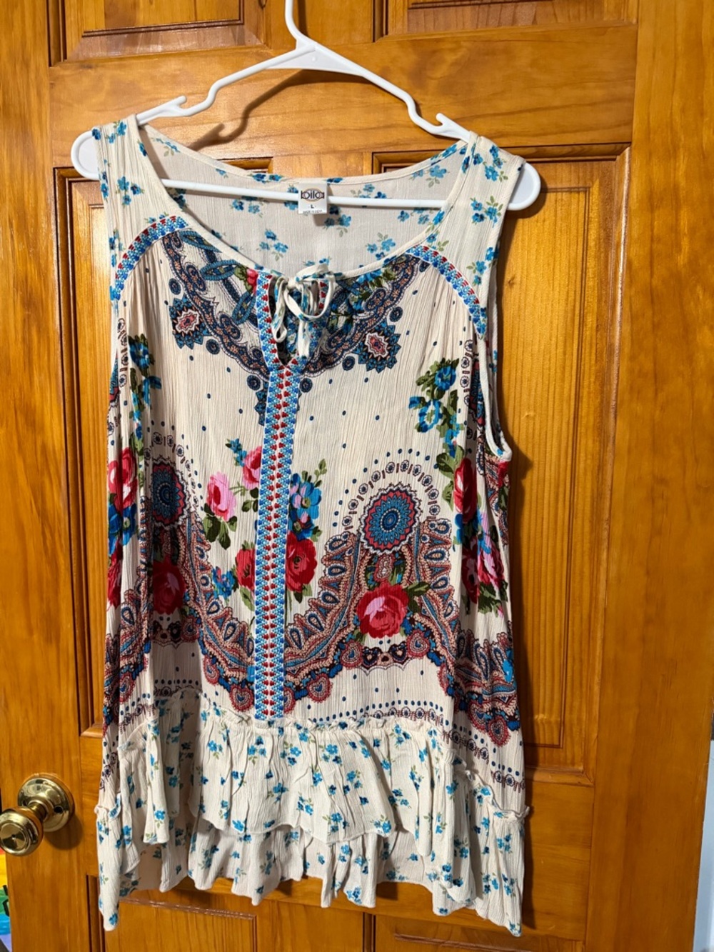Bila Floral Tie-Front Sleeveless Tunic - Cream with Blue & Pink